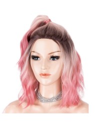 3 Tones Ombre Pink Dark Roots Middle Paring Short Wavy Wigs Glueless Heat Resistant Hair for Cosplay