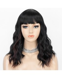 Natural Black Wavy Bob Wigs with Bangs Heat Resistant Synthetic Wigs with Natural Looking