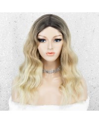 Ombre Blonde Long Wavy Synthetic Wig Glueless Natural Looking with Middle Parting & Dark Roots