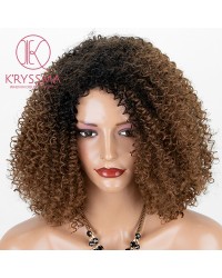 2 Tones Ombre Brown Short Bob Curly L Part Synthetic Wig Heat Resistant 14 inches
