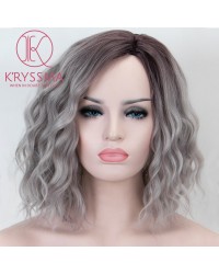 Ombre Grey None Lace Synthetic Wig With Dark Roots Short Wavy Bob Wig Heat Resistant Glueless Gray Wigs For Women