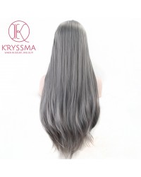 Grey Long Natural Straight Lace Front Wig Heat Resistant 24 inches