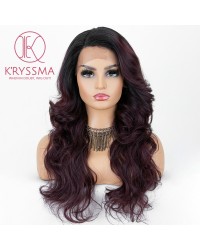 Burgundy Ombre Wavy L Part Lace Wigs Synthetic Wig with Dark Roots