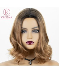 2 Tone Bob Wavy Brown None Lace Synthetic Wig Dark Roots 14 inches