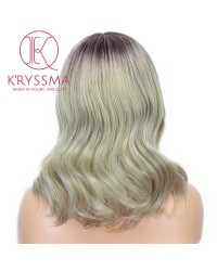 Ash Blonde None Lace Wig Highlight Colored Short Wavy Bob Synthetic Wig With Middle Part New Blonde Ombre Wigs Mix Grey