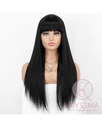 K'ryssma Long Black Wig with Bangs Long Straight Synthetic Wigs for Women Glueless Wigs 22 inches