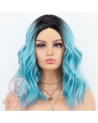 K'ryssma Blue Ombre Wig with Dark Roots Short Wavy Bob Wig Halloween Synthetic Wigs for Women