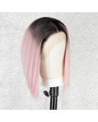 K'ryssma Ombre Pink Synthetic Wig with Dark Roots Short Bob Wigs for Women 2 Tone Black to Baby Pink Bob Ombre Wig Heat Resistant