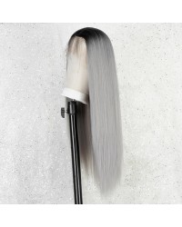 K'ryssma Ombre Grey Lace Front Wig Long Straight Synthetic Wigs for Women Grey Wig with Black Roots