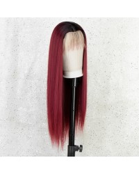 K'ryssma Ombre Red Lace Front Wig Long Straight Synthetic Wigs for Women Wine Red Wig with Black Roots