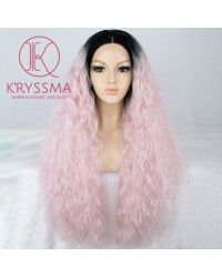 Baby Pink Long Curly Synthetic Wig with Black Roots 24 inches 