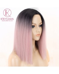 Ombre Pink Short Bob Synthetic None-Lace Wigs with Black Roots