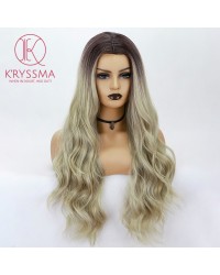 2 Tones Ombre Blonde Long Wavy Synthetic Wig with Dark Roots 24 Inches