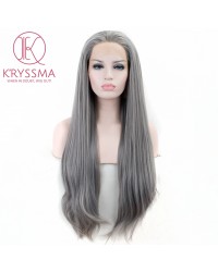 Grey Long Natural Straight Lace Front Wig Heat Resistant 24 inches