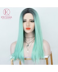 Ombre Green Long Straight Wig None Lace Wig with Dark Roots for Women 18 inches