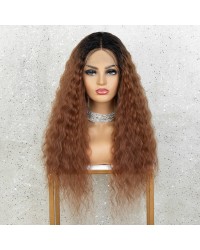 K'ryssma Brown Lace Front Wigs Ombre Dark Roots Natural Looking Glueless Long Curly Synthetic Wig for Women 2 Tone Heat Resistant 22 inches