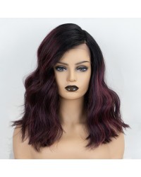 Ombre Bungundy Wavy L Part Wig Shoulder Length Wine Red Synthetic Wigs