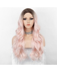 K'ryssma Ombre Pink Wig with Dark Roots Women Fashion Long Wavy Ombre Pink Synthetic Wig 22 inches
