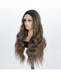 Brown Lace Front Wigs Ombre Dark Roots Natural Looking Glueless Long Wavy Synthetic Wig 2 Tone Heat Resistant 22 inches