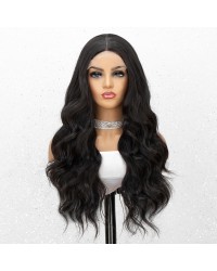 Kryssma Black Lace Front Wig T Part Synthetic Wig with 4 Inch Deep Middle Parting Long Wavy Black Wigs