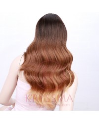 3 Tone Dark Roots to Brown to Blonde Ombre Synthetic Wigs Long Wavy Wig with L Part