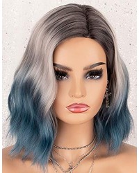 Blue Ombre Wig Bob with Dark Roots 3 Tones Short Wavy Glueless Synthetic Wigs 