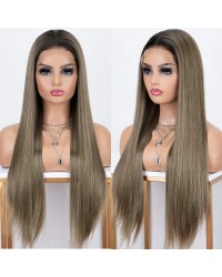 Lace Front Wig Brown Ombre Synthetic Wig with Dark Roots Natural Hairline Silk Straight 22 inches Long Brown Wigs