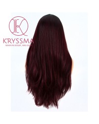 Ombre Burgundy Long Natural Straight Synthetic Wig with Bangs 20 Inches 