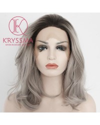 Ombre Gray Dark Roots Short Bob Synthetic Lace Front Wig 12 inches 