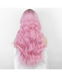 K'ryssma 2 Tones Ombre Bright Pink Synthetic Wig Glueless Middle Part Long Wavy Wig Heat Friendly Bright Pink Wigs for Women Cosplay