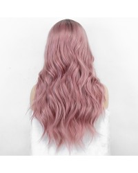 K'ryssma Ombre Pink Wig with Dark Roots Women Fashion Long Wavy Ombre Pink Synthetic Wig 22 inches