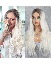 K'ryssma Platinum Blonde Wig with Dark Roots Wavy Long Ombre Wig Synthetic Long Wig for Women 22 Inches