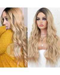 K'ryssma Ombre Blonde Wig with Dark Roots Blonde Long Wigs for Women 22 Inches Synthetic Wavy Wig
