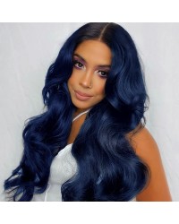Dark Blue Long Wavy Synthetic Lace Front Wigs with Dark Roots 22 inches