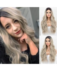 K'ryssma Ash Blonde Wig Dark Roots Ombre Synthetic Wigs for Women Long Wavy Ombre Blonde Wig with Middle Part 22 Inches