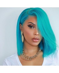 Bright Blue Straight Asymmetric Bob Lace Front Wigs Synthetic Wig for Party