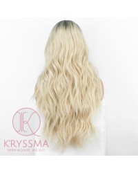 K'ryssma Ash Blonde Wig with Brown Roots Synthetic Long Ombre Wigs for Women Wavy Wig 22 Inches