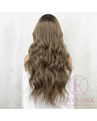 K'ryssma Ombre Brown Wig with Dark Roots Middle Parting Wavy Long Synthetic Wig Full Machine Made 22 inches