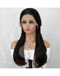 Black Long Natural Straight Lace Front Wig Gluless Synthetic Wig with Natural Hairline 