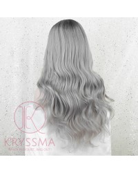 Ombre Grey Synthetic Wig With Dark Roots Long Wavy None Lace Wig Heat Resistant 20 Inches Glueless Ombre Gray Wigs For Women