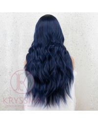 K'ryssma Ombre Blue Synthetic Wig with Black Roots Middle Parting Long Wavy Ombre Blue Wig Full Machine Made 22 inches