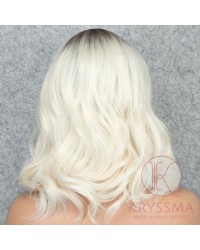Bob Wig Platinum Blonde Ombre Dark Roots Glueless Side Part Short Bob Wavy Synthetic Wigs for Women Heat Recsistant