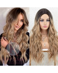 Dirty Blonde Wig with Dark Roots Ombre Long Wavy Synthetic Wig for Women 22 inches