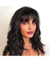 Natural Black Wavy Bob Wigs with Bangs Heat Resistant Synthetic Wigs with Natural Looking