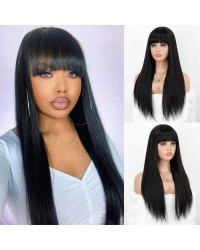 K'ryssma Long Black Wig with Bangs Long Straight Synthetic Wigs for Women Glueless Wigs 22 inches