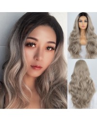 Ash Blonde Long Wavy Dark Roots Synthetic Wigs 22 Inches