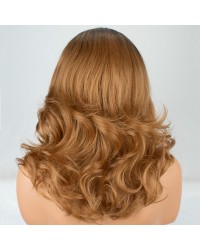 Ombre Brown Shoulder Length Wavy L Part Wig with Dark Roots