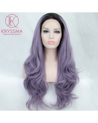 Lavender Purple with Dark Roots Long Wavy Synthetic Lace Front Wigs