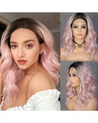 Olivia Recommend: Baby Pink Ombre Lace Front Wig Bob Short Wavy with Middle Parting Dark Roots