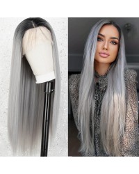  K'ryssma Silver Grey Lace Front Wig Ombre Long Straight Synthetic Wigs for Women Half Hand Tied 22 inches Grey Wig